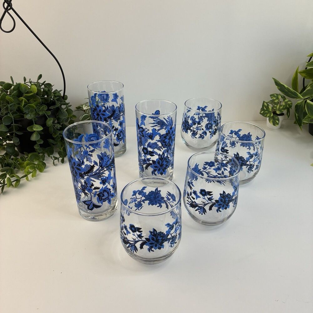 Libbey Glass Tumblers Royal Norfolk Blue Black Flowers Floral Vintage Set 7